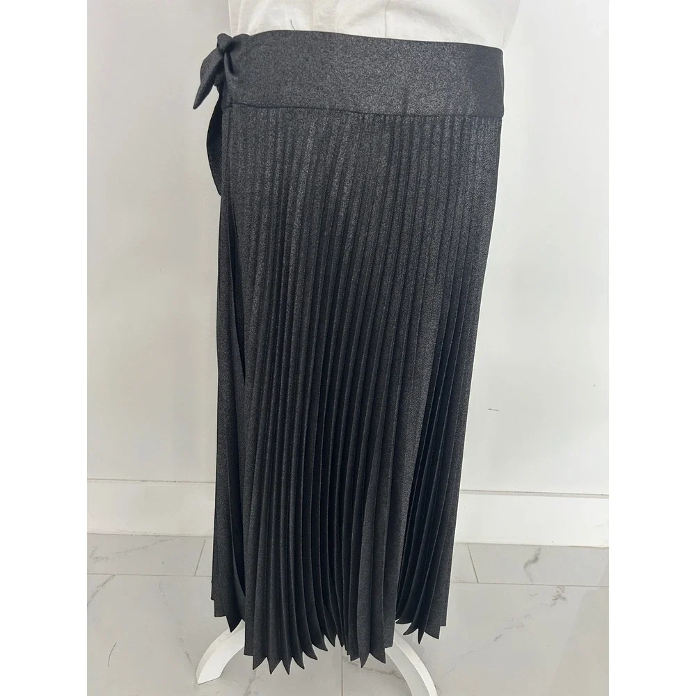White House Black Market Metallic Pleated Wrap Midi Skirt Grey Shimmer Size 8